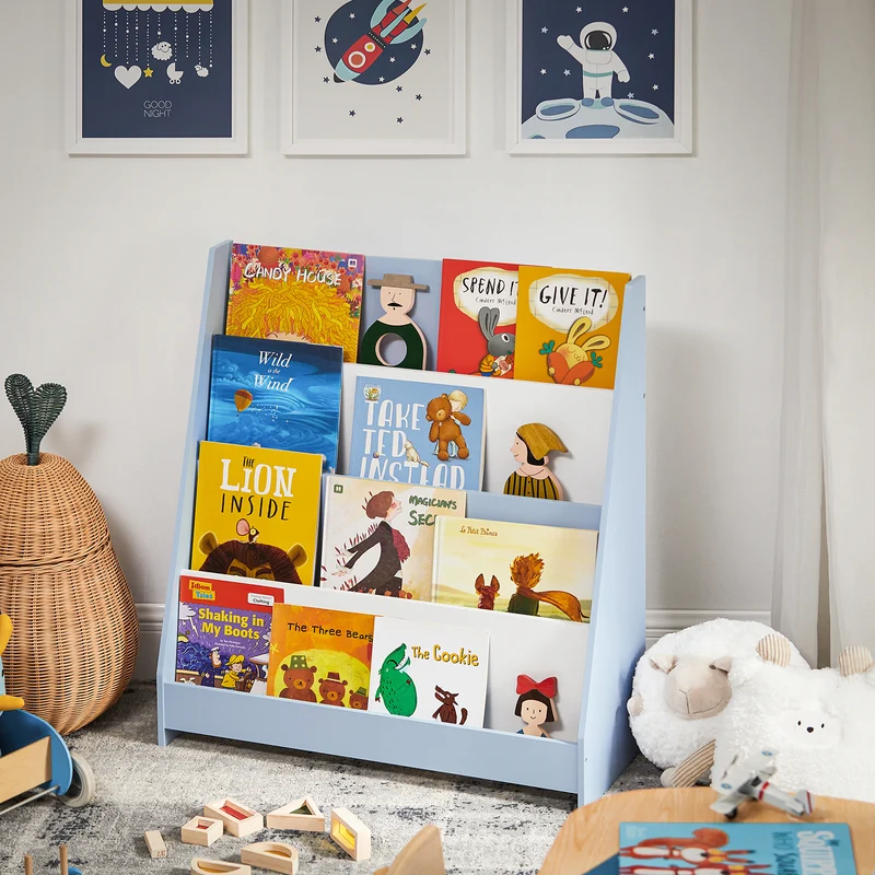 SoBuy KMB32-B Bibliothèque Enfant Rangement Jouet Enfant Bibliotheque Livre 4 Niveaux Étagère à Livres Meuble de Rangement Chambre d'Eanfant Bureau Salon Bleu clair 80x30x88 cm