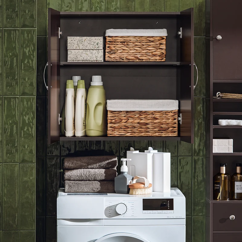 SoBuy FRG231-BR Meuble Haut Salle de Bain Suspendu Armoire Murale avec Étagère Réglable et Porte Rangement Mural Compact pour Salle de Bain, WC ou Cuisine Marron 60x30x60 cm