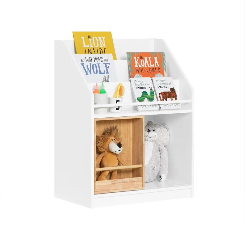 SoBuy KMB98-W Bibliothèque Enfants Étagère à Livres avec Porte Coulissante, Étagère pour Jouets