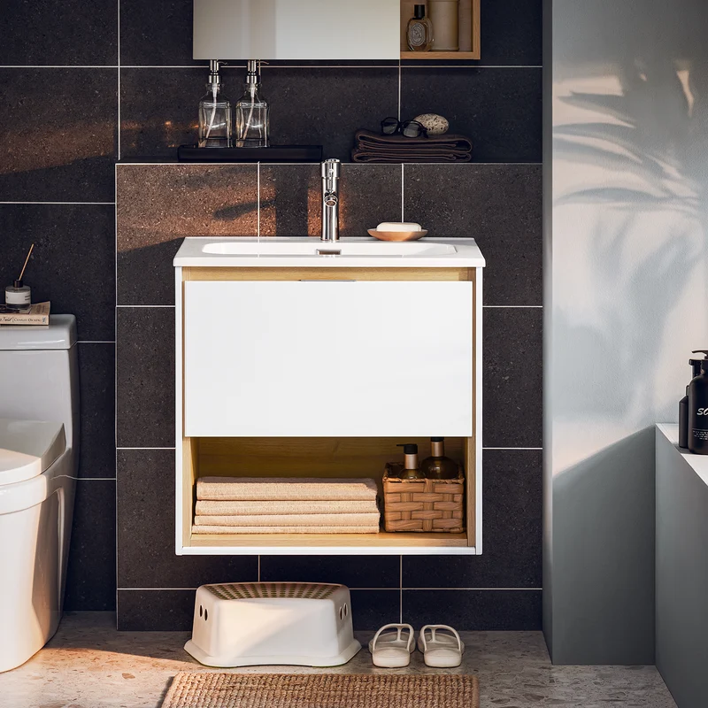 SoBuy BZR171-N Meuble Suspendu pour Lavabo Armoire avec Vasque Ensemble de Lavabo en céramique, 1 Tiroir et 1 Compartiment