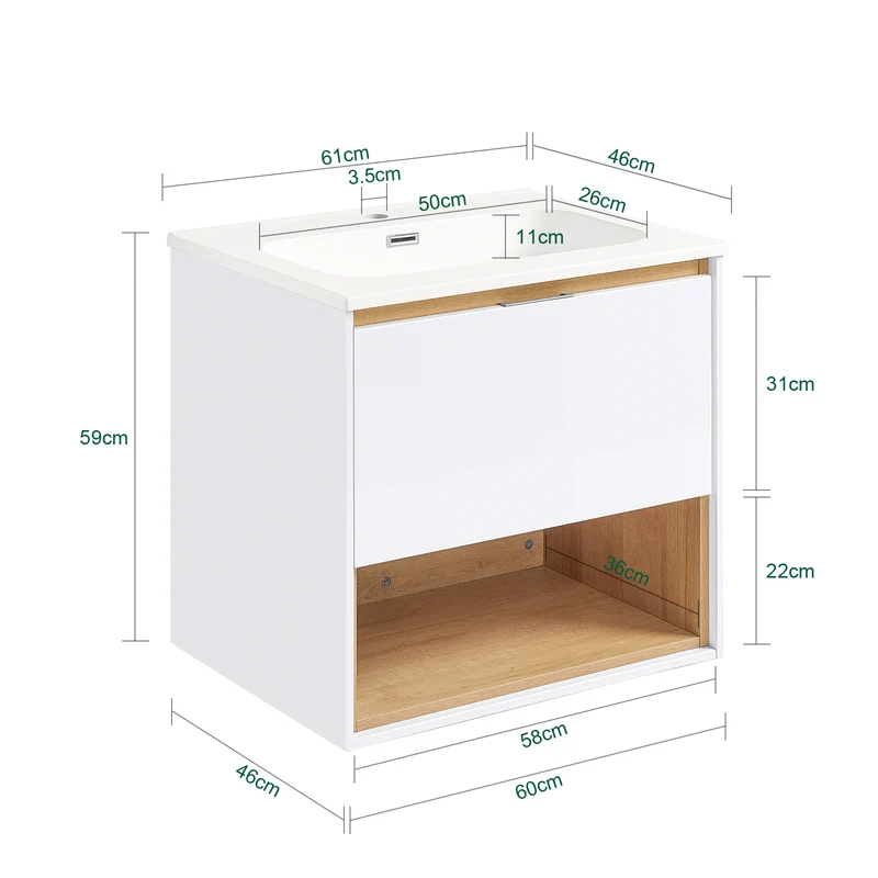 SoBuy BZR171-N Meuble Suspendu pour Lavabo Armoire avec Vasque Ensemble de Lavabo en céramique, 1 Tiroir et 1 Compartiment