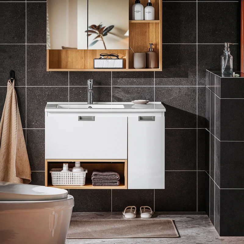 SoBuy BZR178-WN Ensemble Meuble Vasque Suspendu avec 1 Tiroir et 1 Porte, Rangement Optimisé, Design Fonctionnel – L80×P46×H54 cm, MDF + Céramique, Blanc