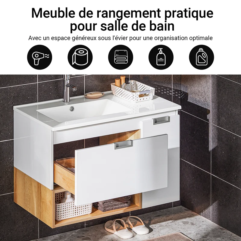 SoBuy BZR178-WN Ensemble Meuble Vasque Suspendu avec 1 Tiroir et 1 Porte, Rangement Optimisé, Design Fonctionnel – L80×P46×H54 cm, MDF + Céramique, Blanc