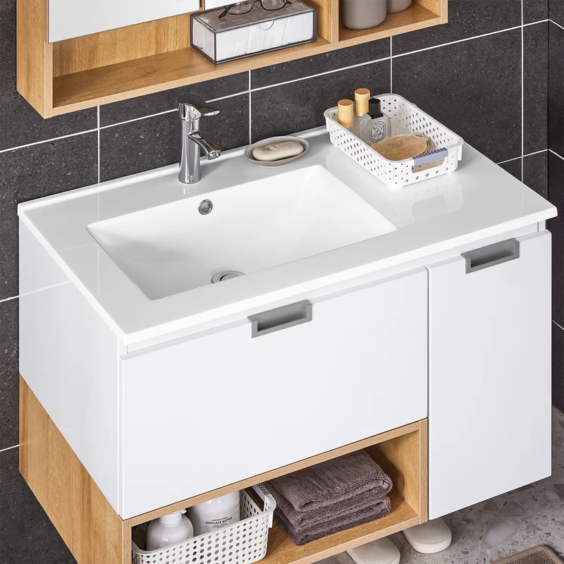 SoBuy BZR178-WN Ensemble Meuble Vasque Suspendu avec 1 Tiroir et 1 Porte, Rangement Optimisé, Design Fonctionnel – L80×P46×H54 cm, MDF + Céramique, Blanc
