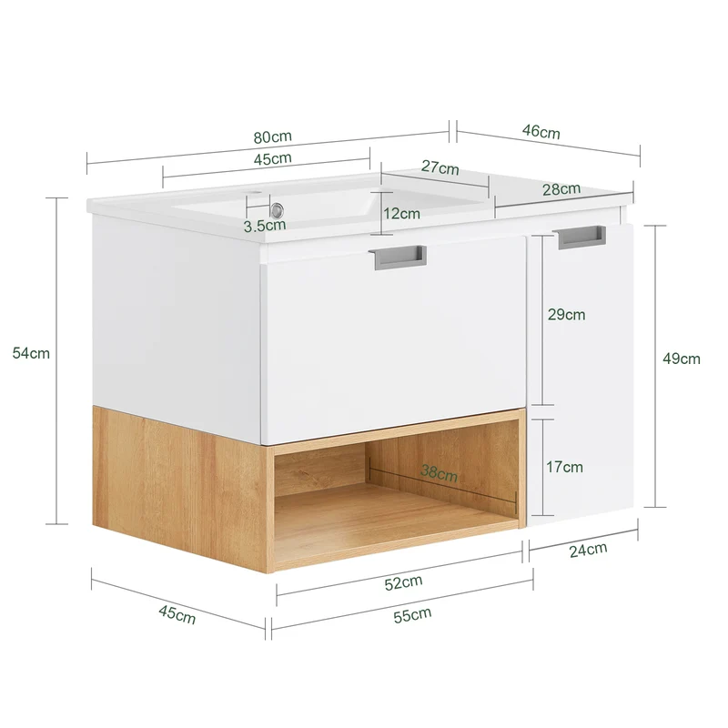 SoBuy BZR178-WN Ensemble Meuble Vasque Suspendu avec 1 Tiroir et 1 Porte, Rangement Optimisé, Design Fonctionnel – L80×P46×H54 cm, MDF + Céramique, Blanc