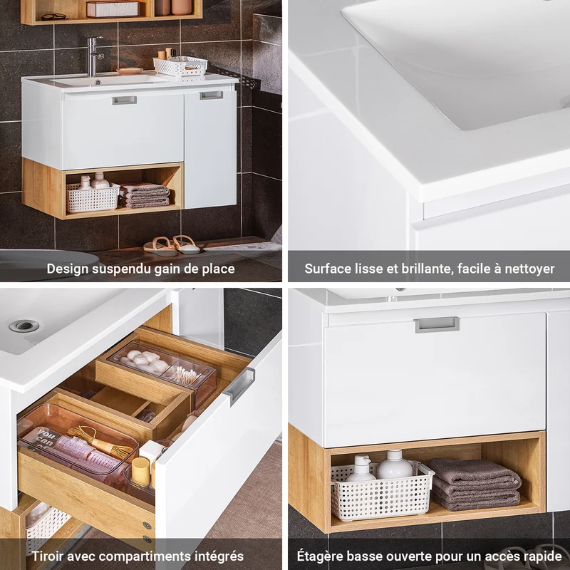 SoBuy BZR178-WN Ensemble Meuble Vasque Suspendu avec 1 Tiroir et 1 Porte, Rangement Optimisé, Design Fonctionnel – L80×P46×H54 cm, MDF + Céramique, Blanc