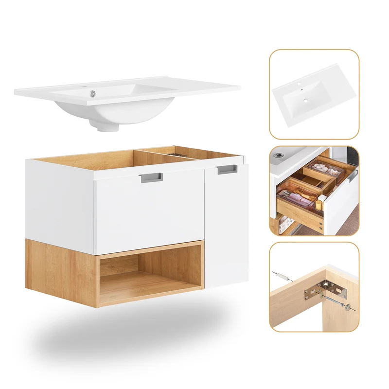 SoBuy BZR178-WN Ensemble Meuble Vasque Suspendu avec 1 Tiroir et 1 Porte, Rangement Optimisé, Design Fonctionnel – L80×P46×H54 cm, MDF + Céramique, Blanc