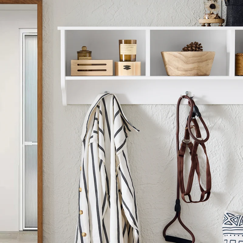 SoBuy FHK35-W Porte-Manteau Mural avec 3 Compartiments et 3 Crochets, pour Entrée et Couloir, Rangement Optimisé, Design Fonctionnel – L100×P20×H30 cm, Blanc