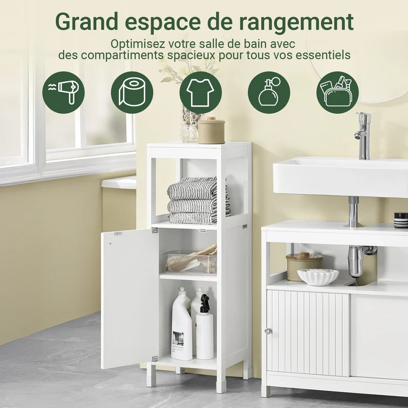 SoBuy BZR186-W Meuble Salle de Bain sous Lavabo, 30x30x89 cm, Meuble de Rangement Armoire WC Blanc, Design Slim, Idéal pour Petites Salles de Bain