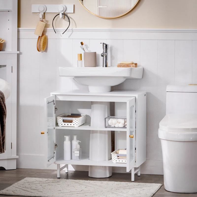 SoBuy BZR115-II-W Meuble sous Lavabo Salle de Bain, Armoire de Rangement pour Vasque sur Pieds avec 2 Portes en Verre