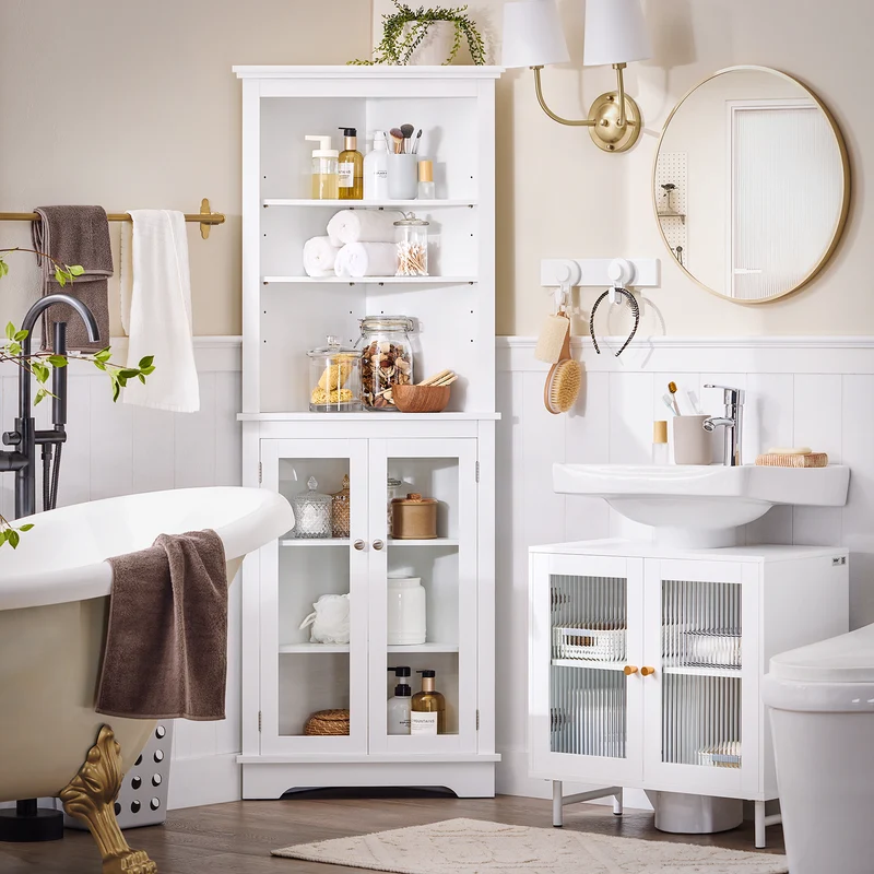 SoBuy BZR115-II-W Meuble sous Lavabo Salle de Bain, Armoire de Rangement pour Vasque sur Pieds avec 2 Portes en Verre