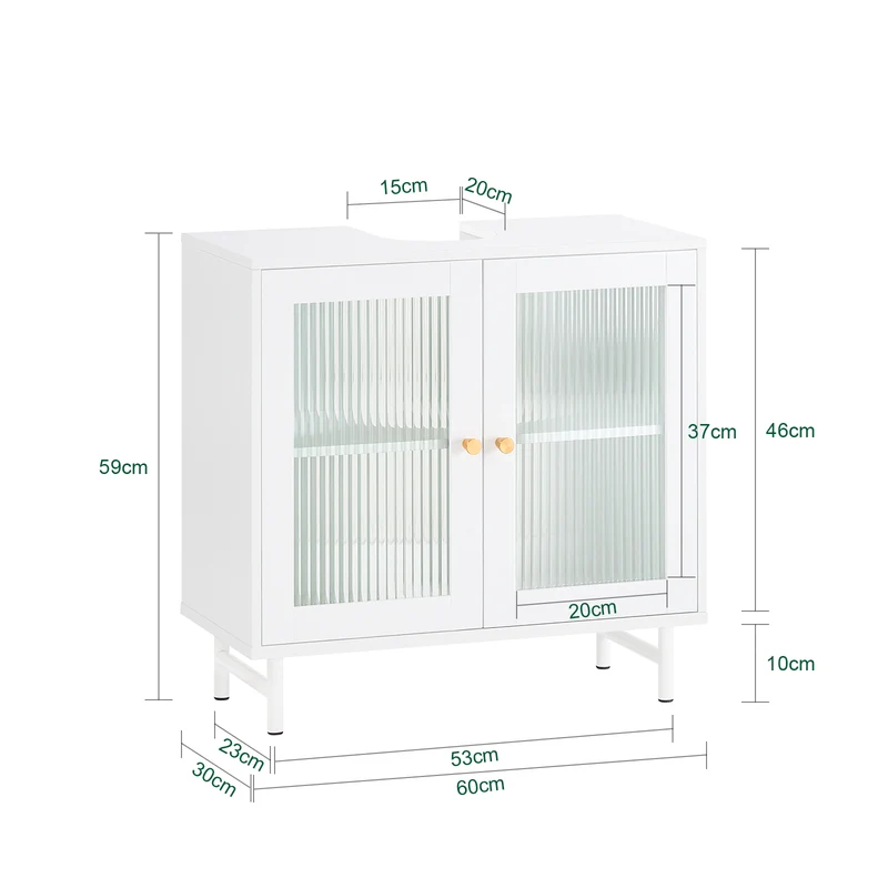 SoBuy BZR115-II-W Meuble sous Lavabo Salle de Bain, Armoire de Rangement pour Vasque sur Pieds avec 2 Portes en Verre
