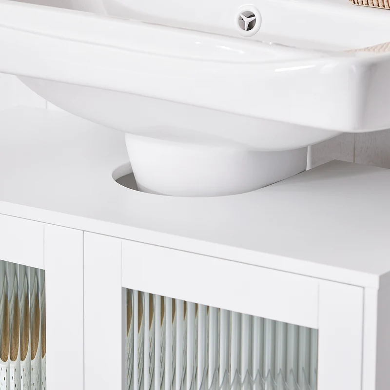 SoBuy BZR115-II-W Meuble sous Lavabo Salle de Bain, Armoire de Rangement pour Vasque sur Pieds avec 2 Portes en Verre