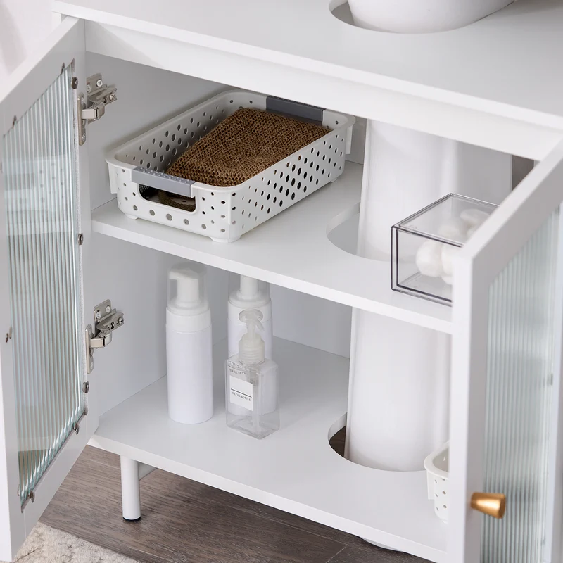 SoBuy BZR115-II-W Meuble sous Lavabo Salle de Bain, Armoire de Rangement pour Vasque sur Pieds avec 2 Portes en Verre