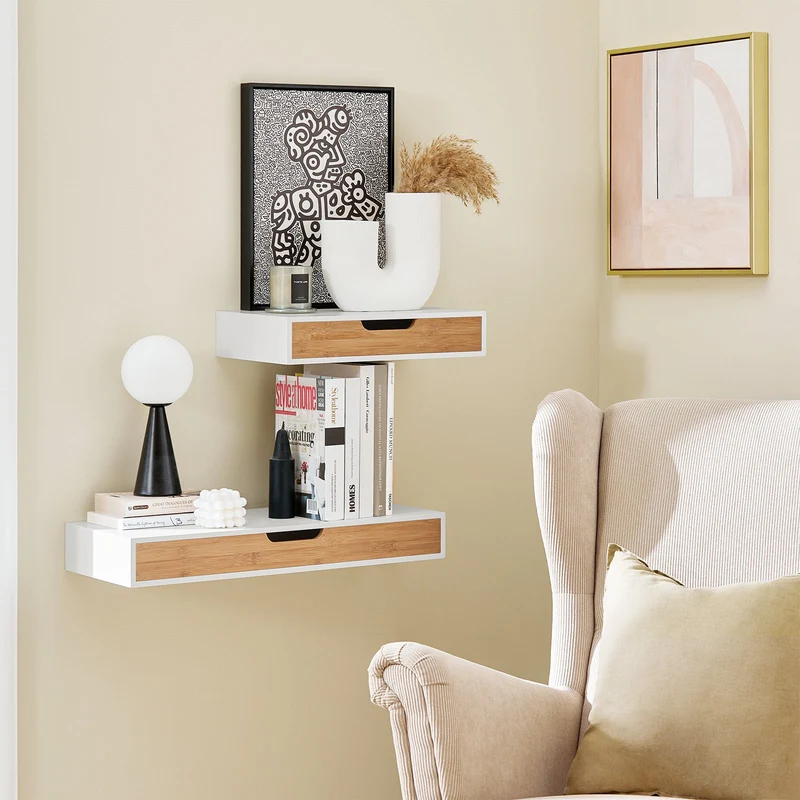 SoBuy FRG92-WN Étagère murale avec tiroir en bois et bambou, Armoire à clés
