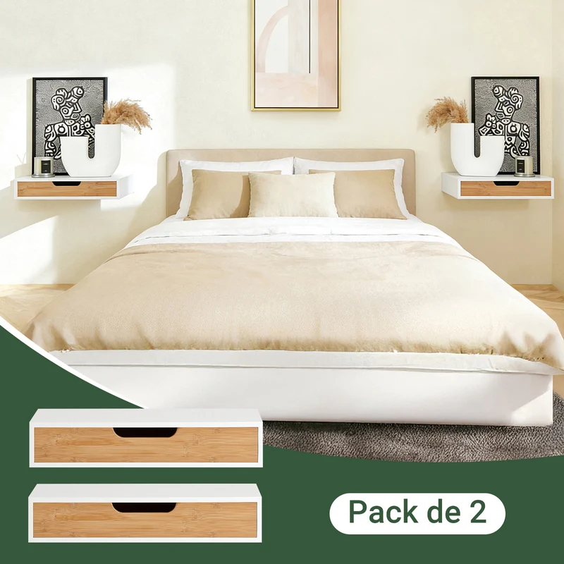 SoBuy FRG92-WNx2 Lot de 2 Étagères Murales Flottantes avec Tiroir, Étagère Murale Moderne pour Entrée, Salon, Cuisine ou Chambre, Blanc & Nature 40×24×8 cm