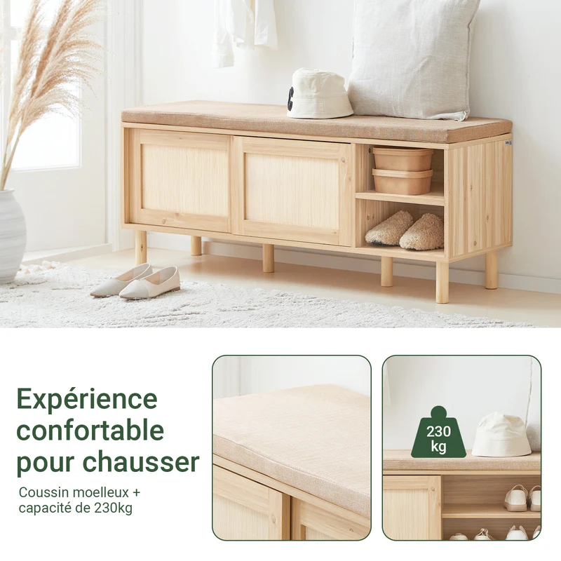 SoBuy Lot FSR163-N + FSR160-N – Ensemble Meubles à Chaussures Couleur Naturelle, Banc avec Coussin + Armoire 2 Abattants, Rangement Entrée 2 Pièces