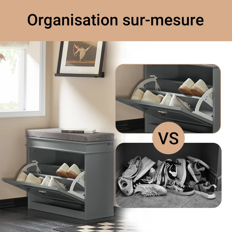 SoBuy Lot FSR82-K-HG + FSR79-HG – Ensemble Meubles à Chaussures Gris, Banc avec Coussin + Meuble 4 Abattants 16 Paires, Rangement Entrée 2 Pièces