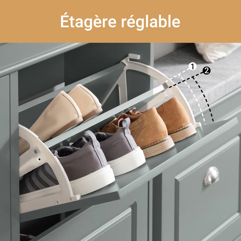 SoBuy Lot FSR64-HG + FSR79-HG – Ensemble Meubles à Chaussures Gris, Banc avec Coussin + Meuble 4 Abattants 16 Paires, Rangement Entrée 2 Pièces