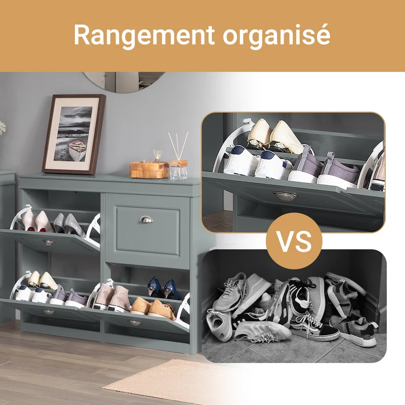 SoBuy Lot FSR64-HG + FSR79-HG – Ensemble Meubles à Chaussures Gris, Banc avec Coussin + Meuble 4 Abattants 16 Paires, Rangement Entrée 2 Pièces