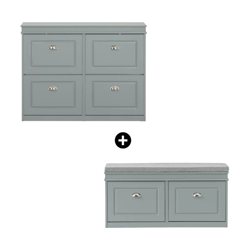 SoBuy Lot FSR64-HG + FSR79-HG – Ensemble Meubles à Chaussures Gris, Banc avec Coussin + Meuble 4 Abattants 16 Paires, Rangement Entrée 2 Pièces
