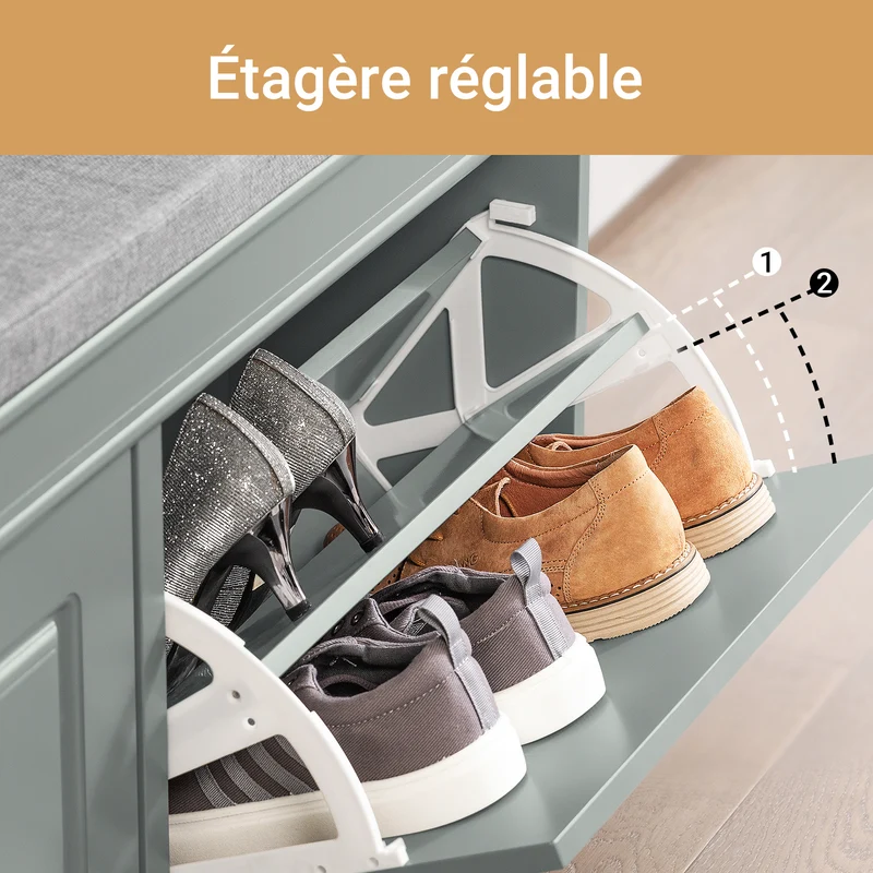SoBuy Lot FSR64-HG + FSR79-HG – Ensemble Meubles à Chaussures Gris, Banc avec Coussin + Meuble 4 Abattants 16 Paires, Rangement Entrée 2 Pièces