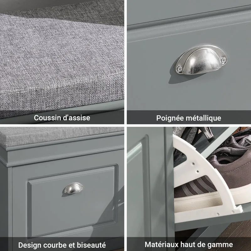 SoBuy Lot FSR64-HG + FSR79-HG – Ensemble Meubles à Chaussures Gris, Banc avec Coussin + Meuble 4 Abattants 16 Paires, Rangement Entrée 2 Pièces