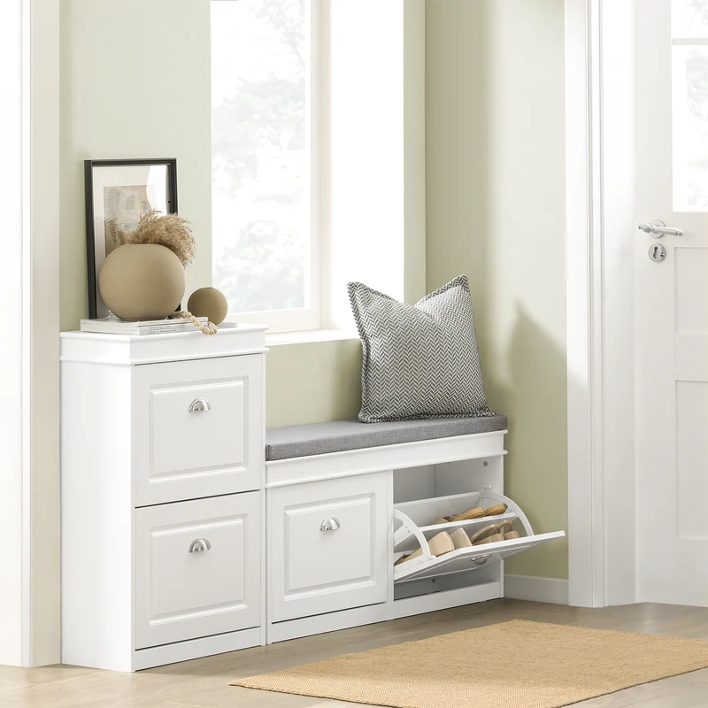 SoBuy Lot FSR64-W + FSR78-W – Ensemble Meubles à Chaussures Blanc, Banc avec Coussin + Meuble 2 Abattants, Rangement Entrée Étroit, Set 2 Pièces