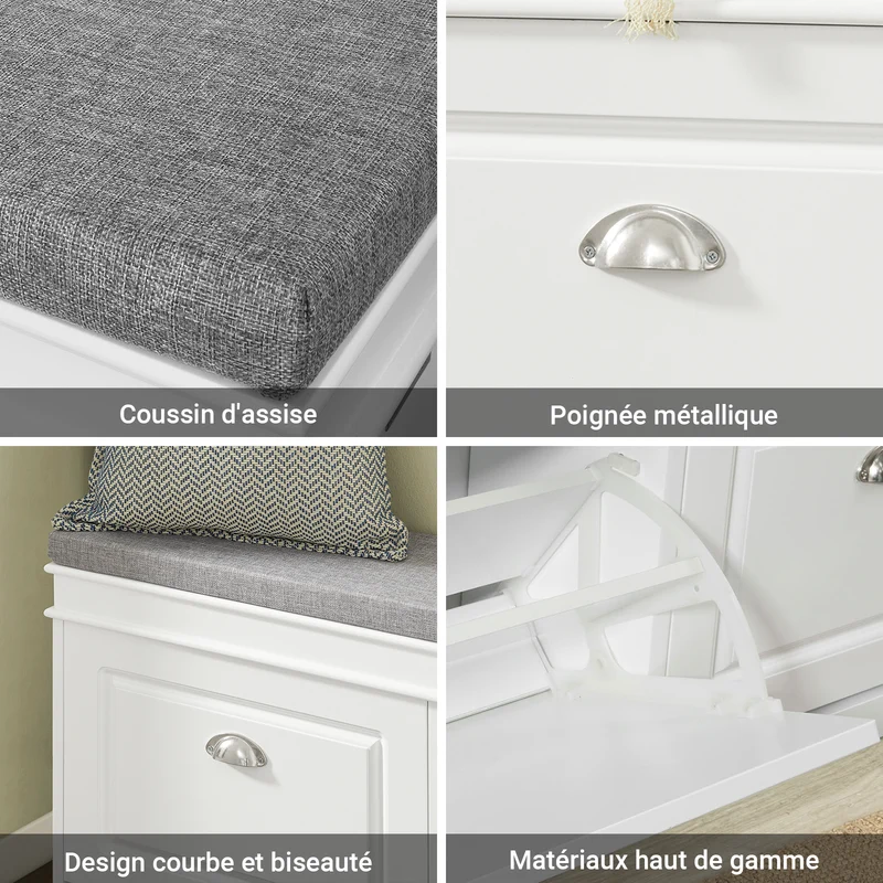SoBuy Lot FSR64-W + FSR78-W – Ensemble Meubles à Chaussures Blanc, Banc avec Coussin + Meuble 2 Abattants, Rangement Entrée Étroit, Set 2 Pièces
