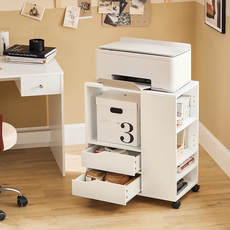 SoBuy FBT129-W Caisson de Bureau à 2 Tiroirs Support Imprimante sur Roulettes Bureau Mobile avec Étagères Ouvertes pour Documents Format A4