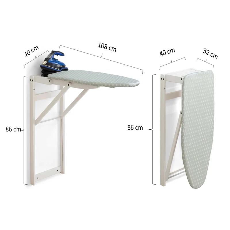 ARIT Stirojolly – Planche à repasser murale en bois, surface 86 × 38 cm, fixations incluses, fabriquée en Italie — profondeur repliée 32 cm