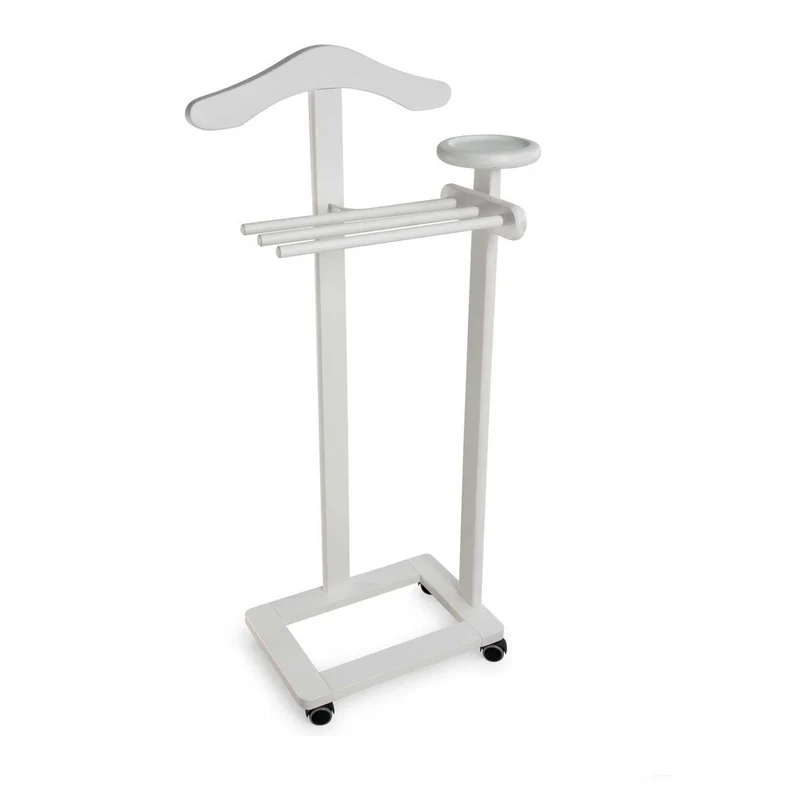 ARIT Antimo – Valet de chambre en hêtre blanc, cintre, 3 porte-pantalons, tablette de rangement et roulettes