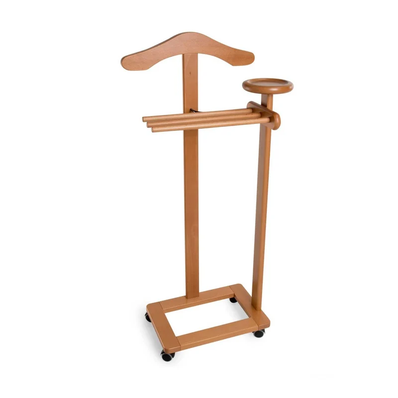 ARIT Antimo – Valet de chambre en hêtre, cintre, 3 porte-pantalons, tablette de rangement, roulettes, couleur cerisier
