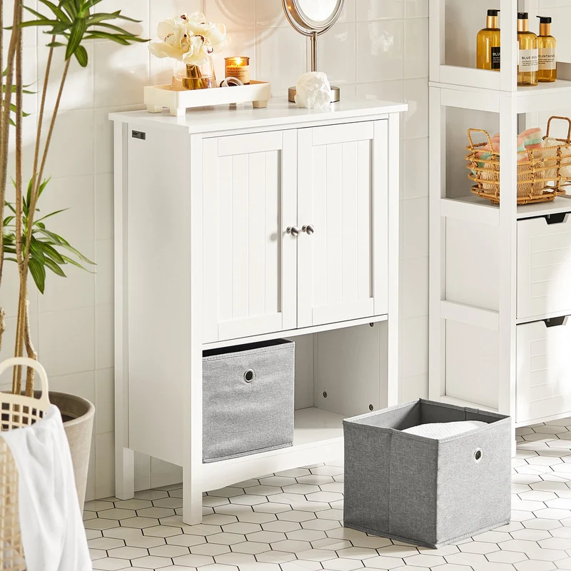 SoBuy BZR64-W Meuble Armoire Meuble Bas Salle de Bains Placard de Rangement, Commode avec 2 Portes et 2 Paniers Amovibles