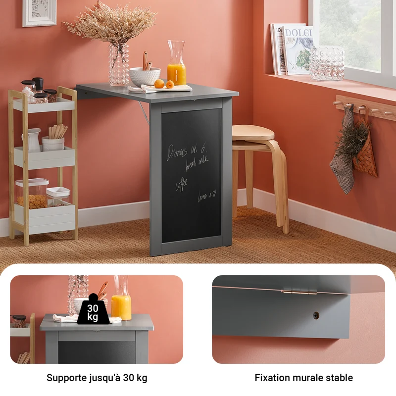 SoBuy FWT20-HG Table Murale Rabattable à Manger Pliable avec Tableau Mémo Extensible Gain de Place pour Cuisine, Bureau et Petits Espaces Gris 50cm x 75cm x 76cm