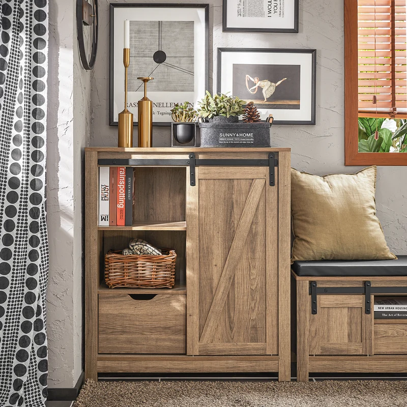 SoBuy FSB59-BR Buffet Meuble de Rangement avec Porte de Grange Coulissante, Commode Multifonction pour Entrée Salon Cuisine – 80x35x92 cm, Marron