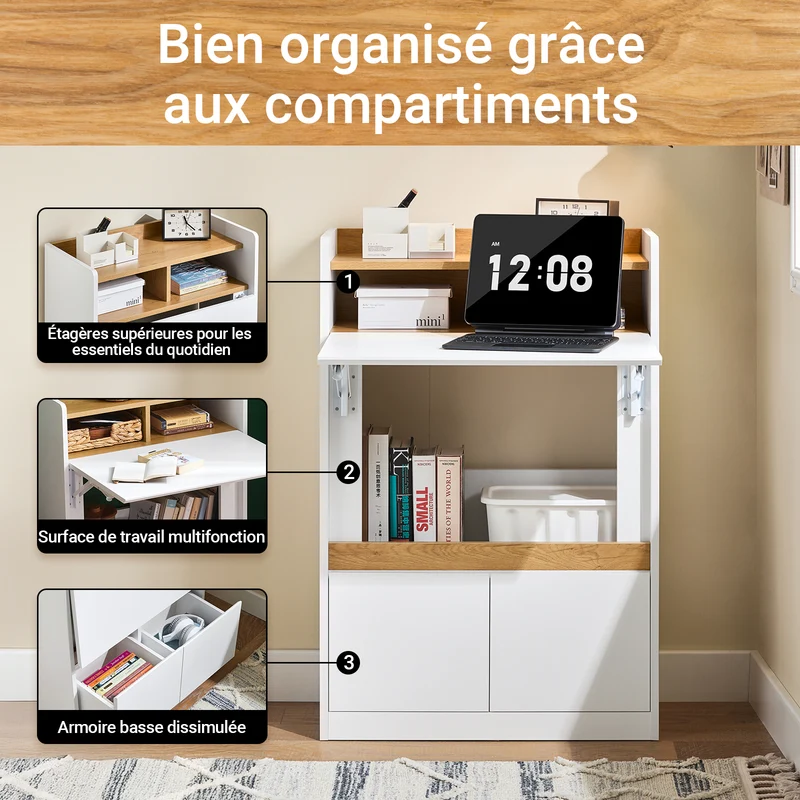 SoBuy FWT109-WN Bureau pliant gain de place 63 cm avec 2 tiroirs et étagères – Blanc et bois