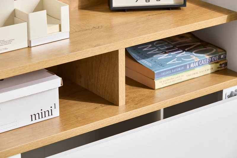 SoBuy FWT109-WN Bureau pliant gain de place 63 cm avec 2 tiroirs et étagères – Blanc et bois