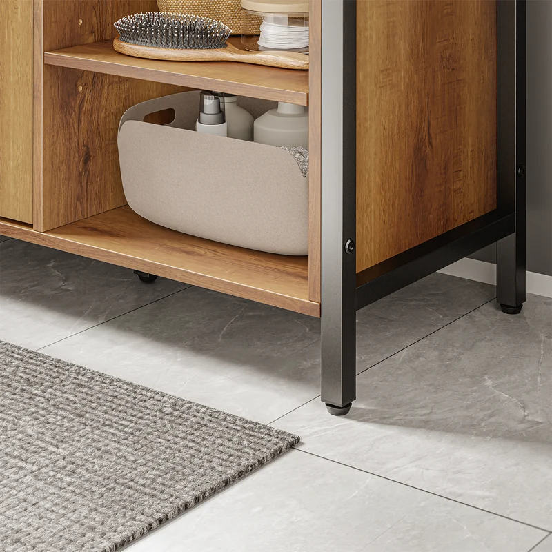 SoBuy BZR63-L-PF Meuble sous-Vasque 90 cm avec Découpe en U, 2 Portes et 3 Étagères Réglables – Style Industriel Bois Noyer et Métal Noir