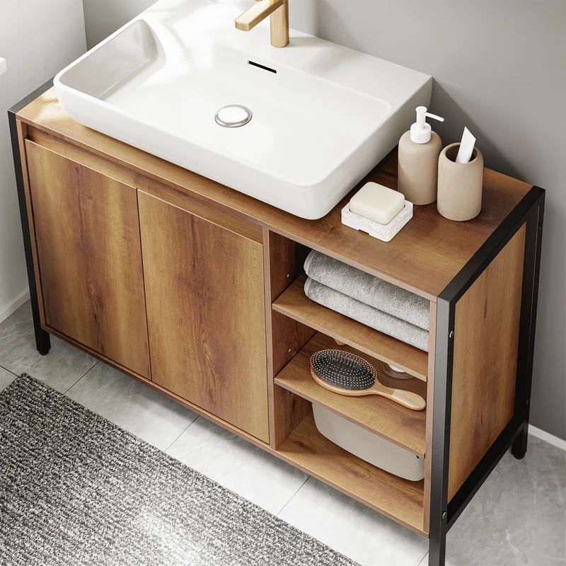 SoBuy BZR63-L-PF Meuble sous-Vasque 90 cm avec Découpe en U, 2 Portes et 3 Étagères Réglables – Style Industriel Bois Noyer et Métal Noir
