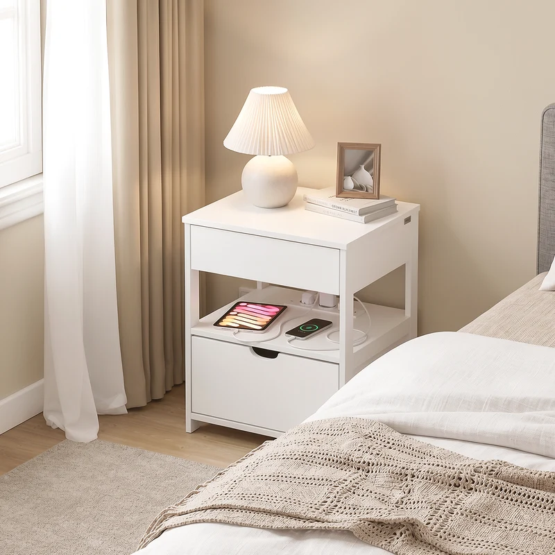 SoBuy FRG258-II-E-W Table de Chevet avec Station de Charge 4-en-1, 2 Tiroirs et Étagère – Blanc, 45×38×55,5 cm