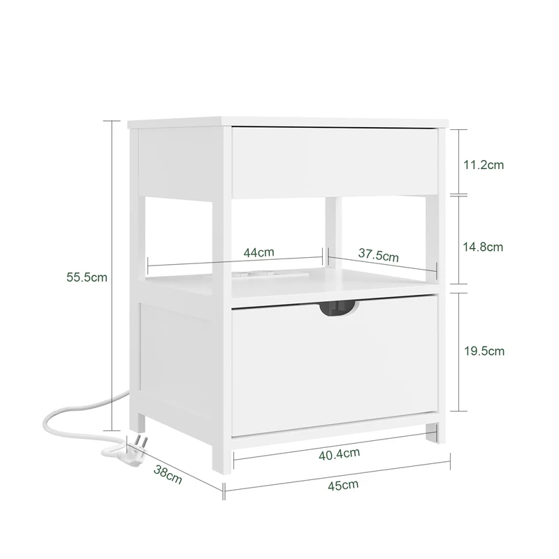 SoBuy FRG258-II-E-W Table de Chevet avec Station de Charge 4-en-1, 2 Tiroirs et Étagère – Blanc, 45×38×55,5 cm