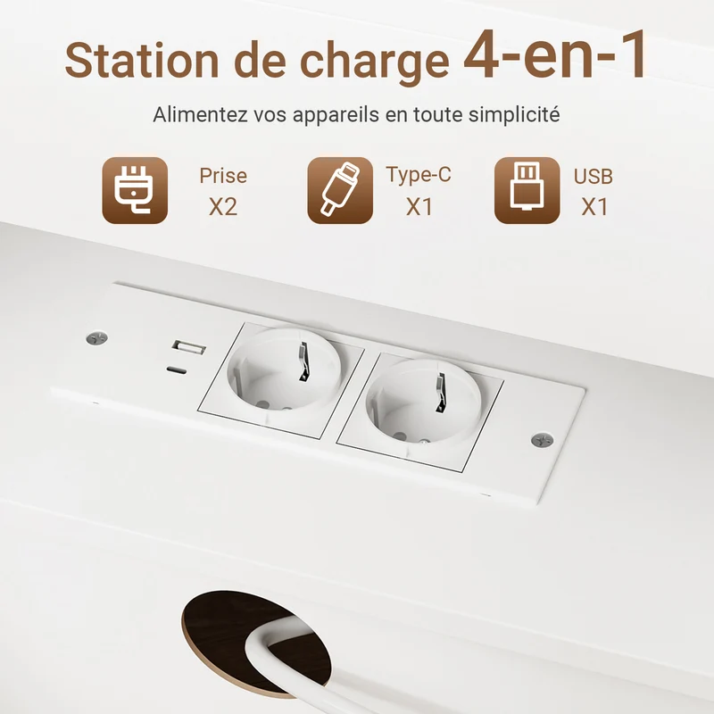 SoBuy FRG258-II-E-W Table de Chevet avec Station de Charge 4-en-1, 2 Tiroirs et Étagère – Blanc, 45×38×55,5 cm