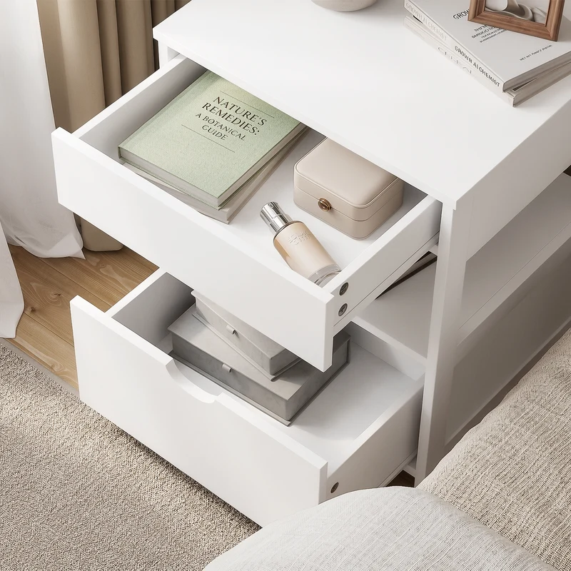 SoBuy FRG258-II-E-W Table de Chevet avec Station de Charge 4-en-1, 2 Tiroirs et Étagère – Blanc, 45×38×55,5 cm