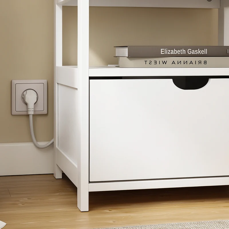 SoBuy FRG258-II-E-W Table de Chevet avec Station de Charge 4-en-1, 2 Tiroirs et Étagère – Blanc, 45×38×55,5 cm
