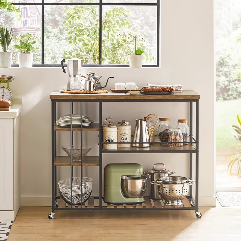 SoBuy SVW18-II-F Desserte de Cuisine à Roulettes, 3 Étagères Réglables, Barrières Anti-chute et Cadre Métallique – Style Industriel, 110×45×92 cm