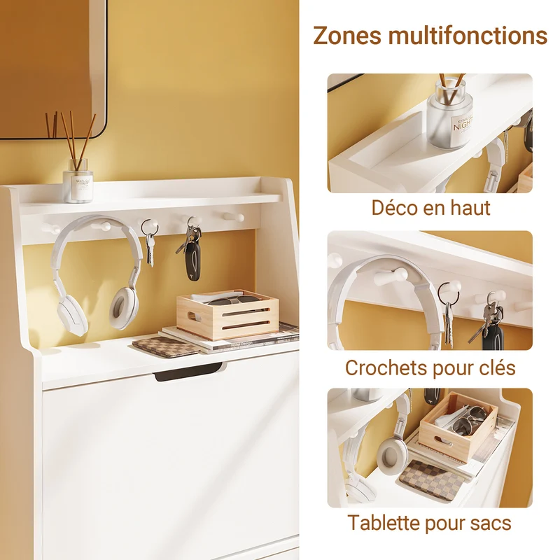 SoBuy FSR221-W Meuble à Chaussures Multifonction Étroit 19 cm, 2 Abattants 6 Paires jusqu’à EU 47, Crochets, Tablette et Socle Surélevé 10 cm – Blanc, 60×19×119 cm