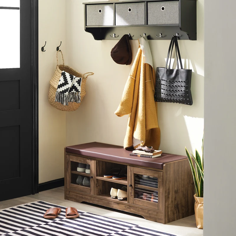 SoBuy FSR122-N Banc de Rangement, Meuble à Chaussures d'Entrée avec Assise Coussin Rembourré, 2 Porte Vitrée et 6 Étagères, Marron Rustique