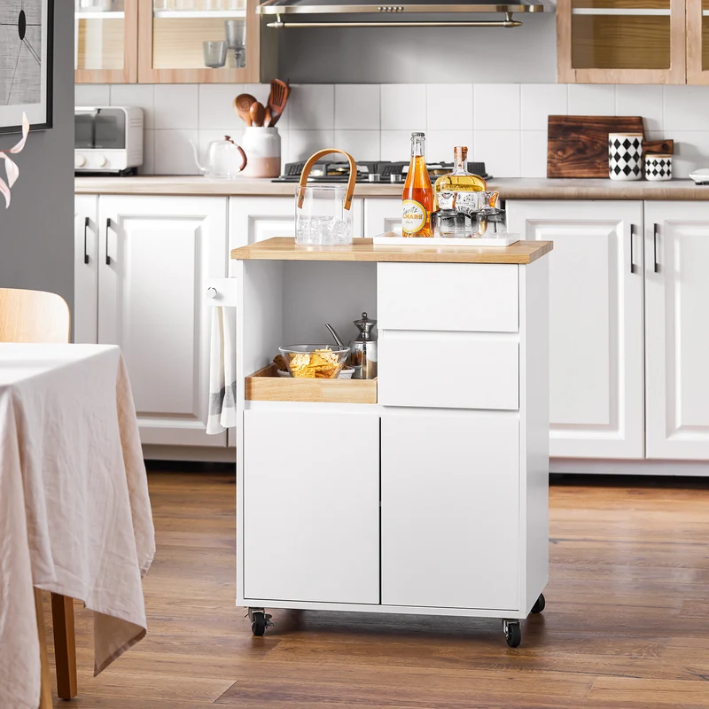 SoBuy FKW123-WN Petit Ìlot de Cuisine à Roulettes – Plan en Bois d'Hévéa, Plateau Extractible, 2 Tiroirs, 72×40×84 cm, Blanc