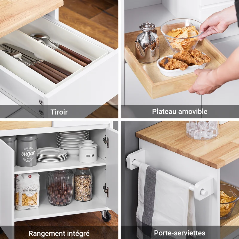 SoBuy FKW123-WN Petit Ìlot de Cuisine à Roulettes – Plan en Bois d'Hévéa, Plateau Extractible, 2 Tiroirs, 72×40×84 cm, Blanc